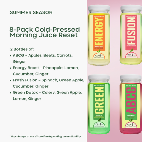 8-pack cold-pressed juice set from Green Tomato with Energy, Fusion, Green Detox, and ABCG juices in a reusable insulated delivery bag
