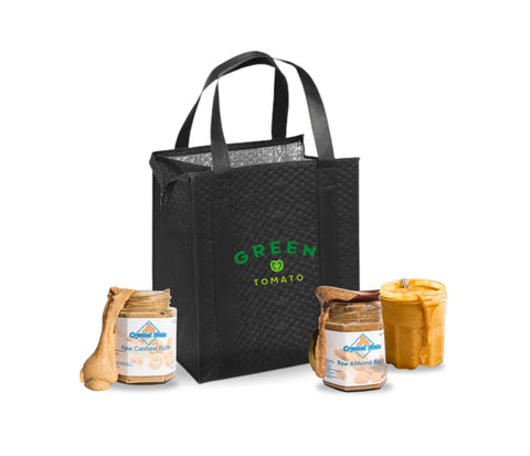 Nut Butters Bundle with Green Tomato insulated tote and jars of raw peanut, almond, and cashew butter