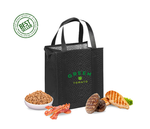 Green Tomato Best Seller tote bag with a selection of cooked proteins: ground meat, bacon, sausage patties, and grilled chicken breast