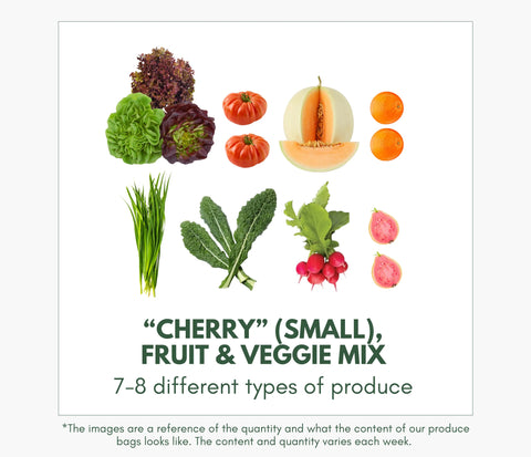 Sample contents of the Cherry Small fruit and veggie mix from Green Tomato Market, featuring 7 to 8 types of seasonal produce including lettuce, tomatoes, melon, tangerines, scallions, kale, radishes, and guava