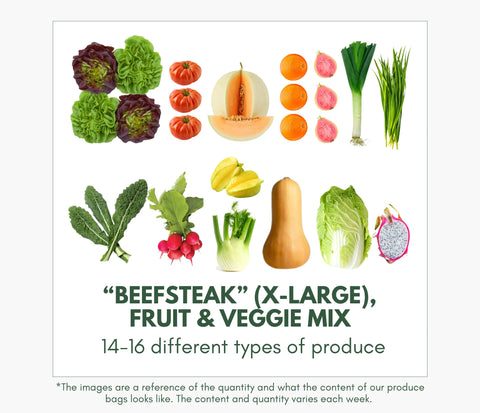 Beefsteak XL fruit and veggie mix featuring 14-16 seasonal fruits and vegetables from Florida farms including lettuce, tomatoes, cantaloupe, citrus, leeks, herbs, kale, radishes, squash, butternut, napa cabbage, dragon fruit — fresh ingredients for healthy, eco-friendly meals.