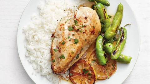 Grilled Chicken with Shishito Peppers and Coconut Rice