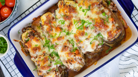Eggplant Lasagna with Ground Beef & Goat Cheese