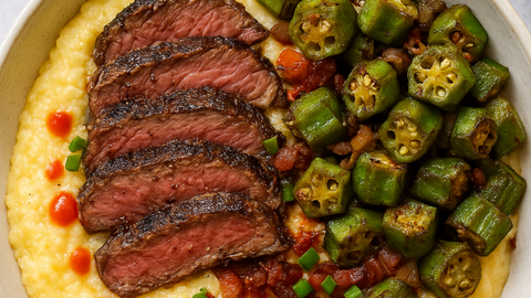 Steak ‘n’ Grits with Sautéed Okra