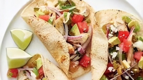 Grilled Watermelon Tacos with Chicken & Avocado Sauce