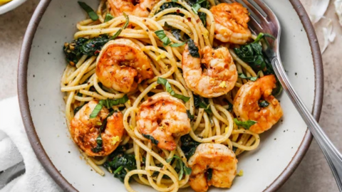 Swiss Chard Pesto with Shrimp Bucatini